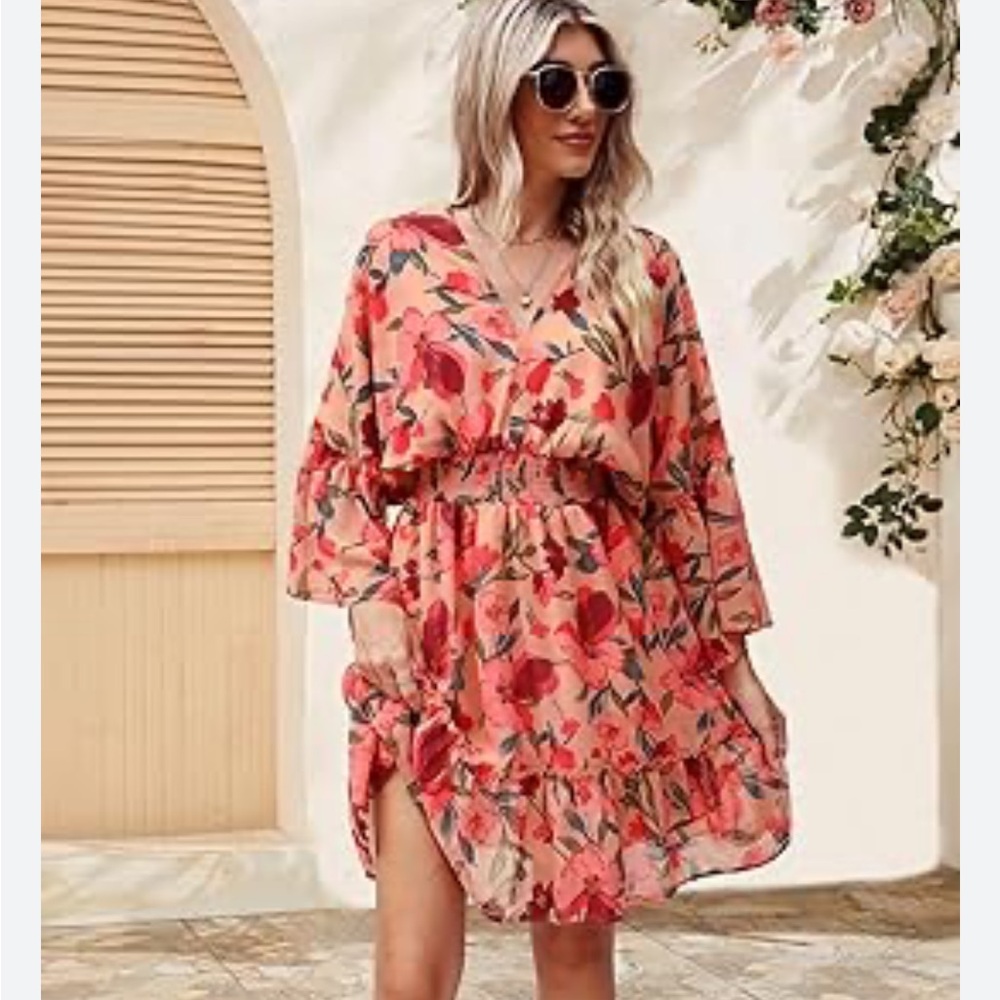 Jollycode Boho Floral Pink‎ Dress Bohemian Vacation Resort Mini Ruffle Large